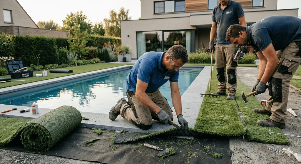 Pose de gazon synthétique haut de gamme anti-chlore pour tour de piscine à Sainte-Maxime - Pelouse artificielle réaliste et douce à Grimaud proche du Golfe.