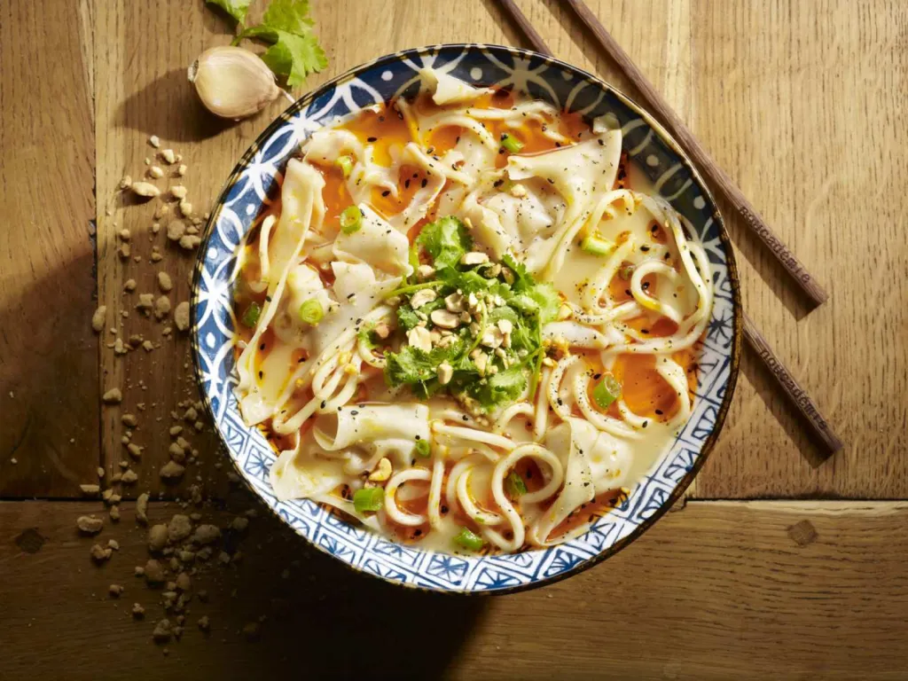 réalisation de photographie de plat culinaire pour restaurant nouilles et raviolis au porc avec soupe