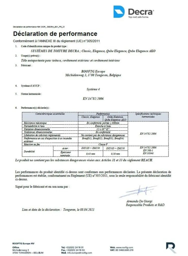 Marquage CE déclaration de performance DECRA