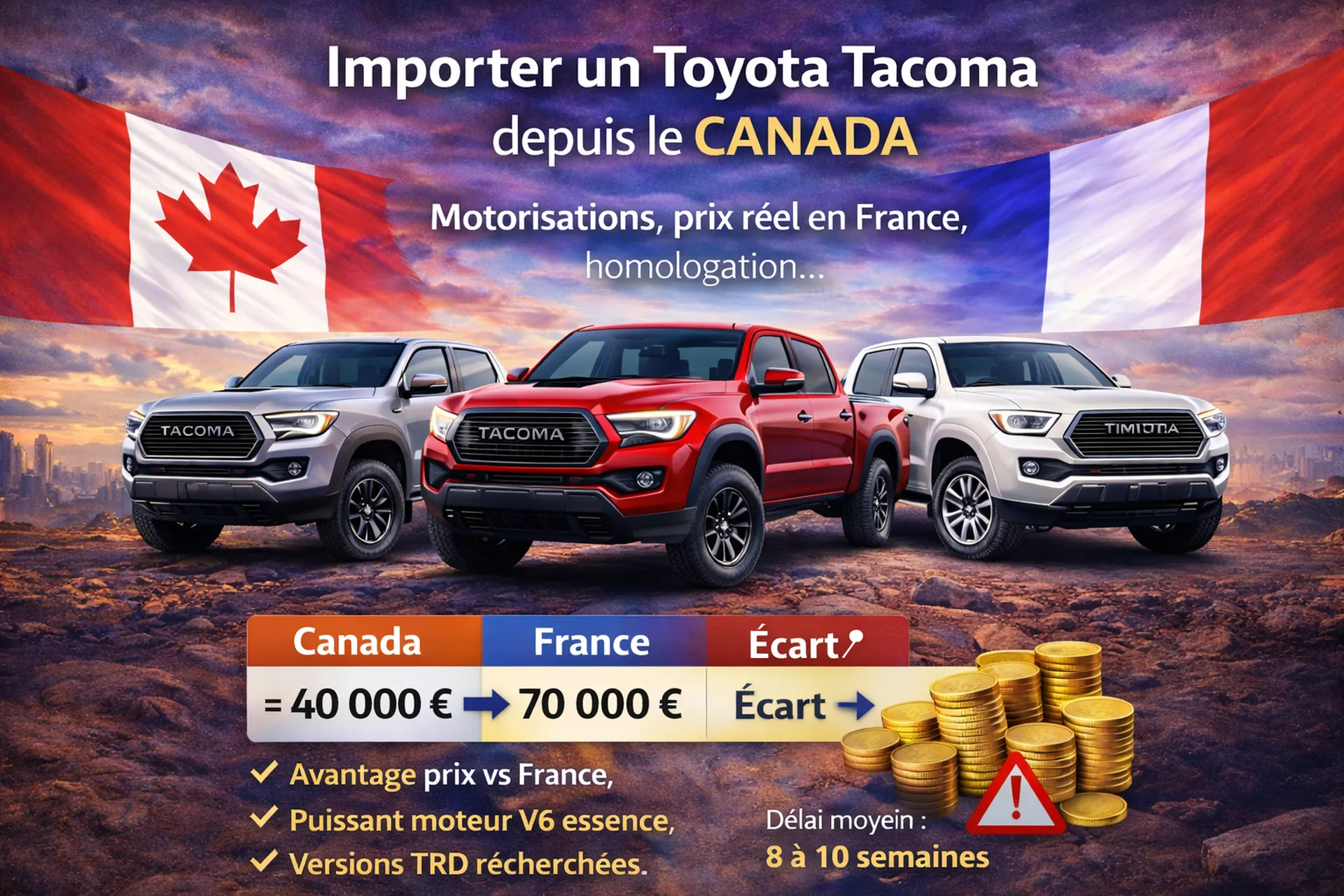 Import Toyota Tacoma Canada : guide complet France, motorisations V6 TRD Pro, homologation et prix réel du pick-up américain