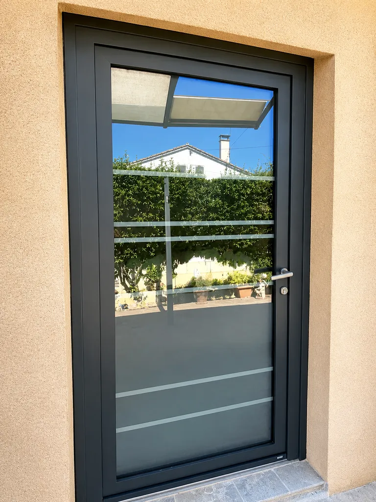 Nouvelle porte d'entrée aluminium gris anthracite installée à Adissan.