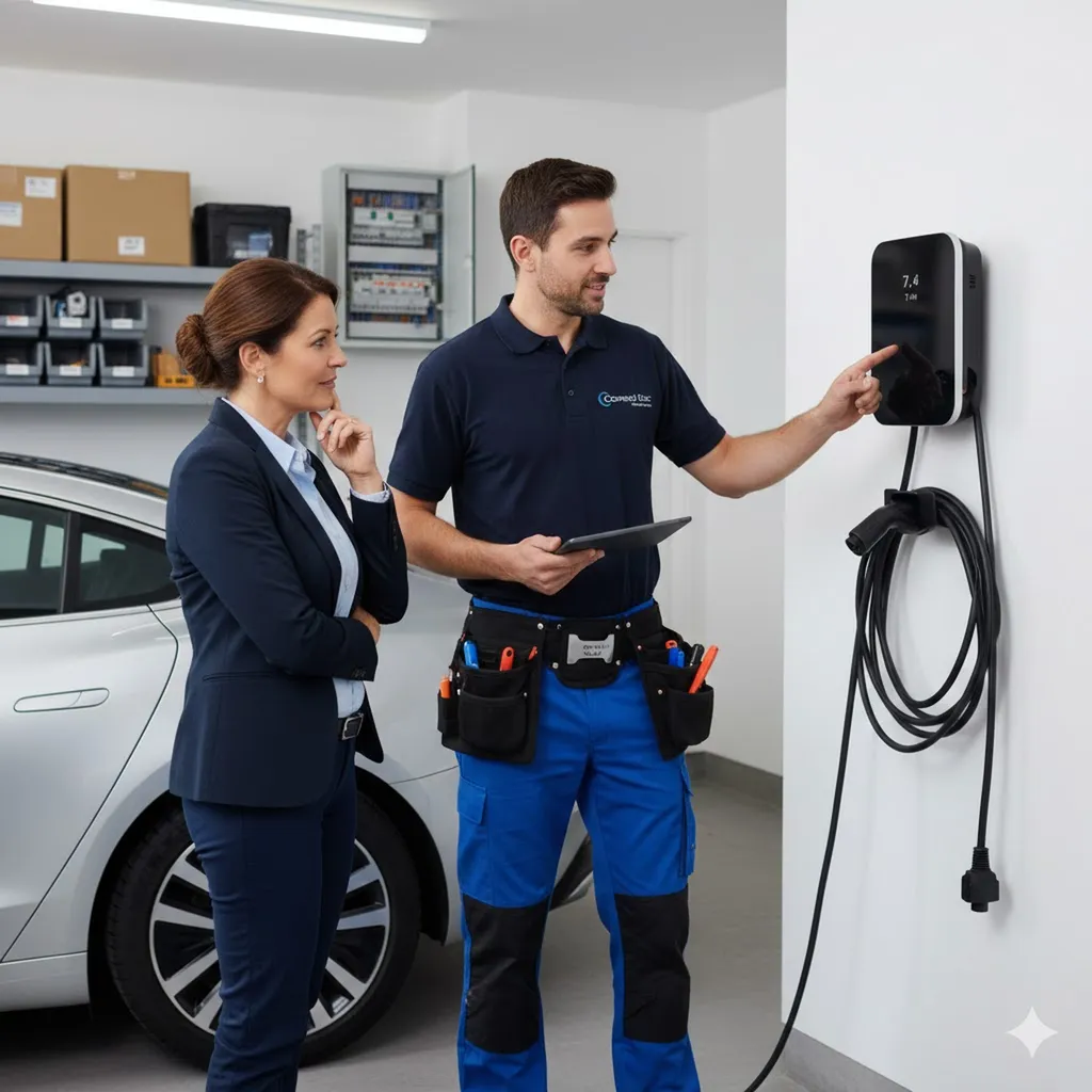 technicien aidant à une installation de borne de recharge pour voiture électrique dans les normes