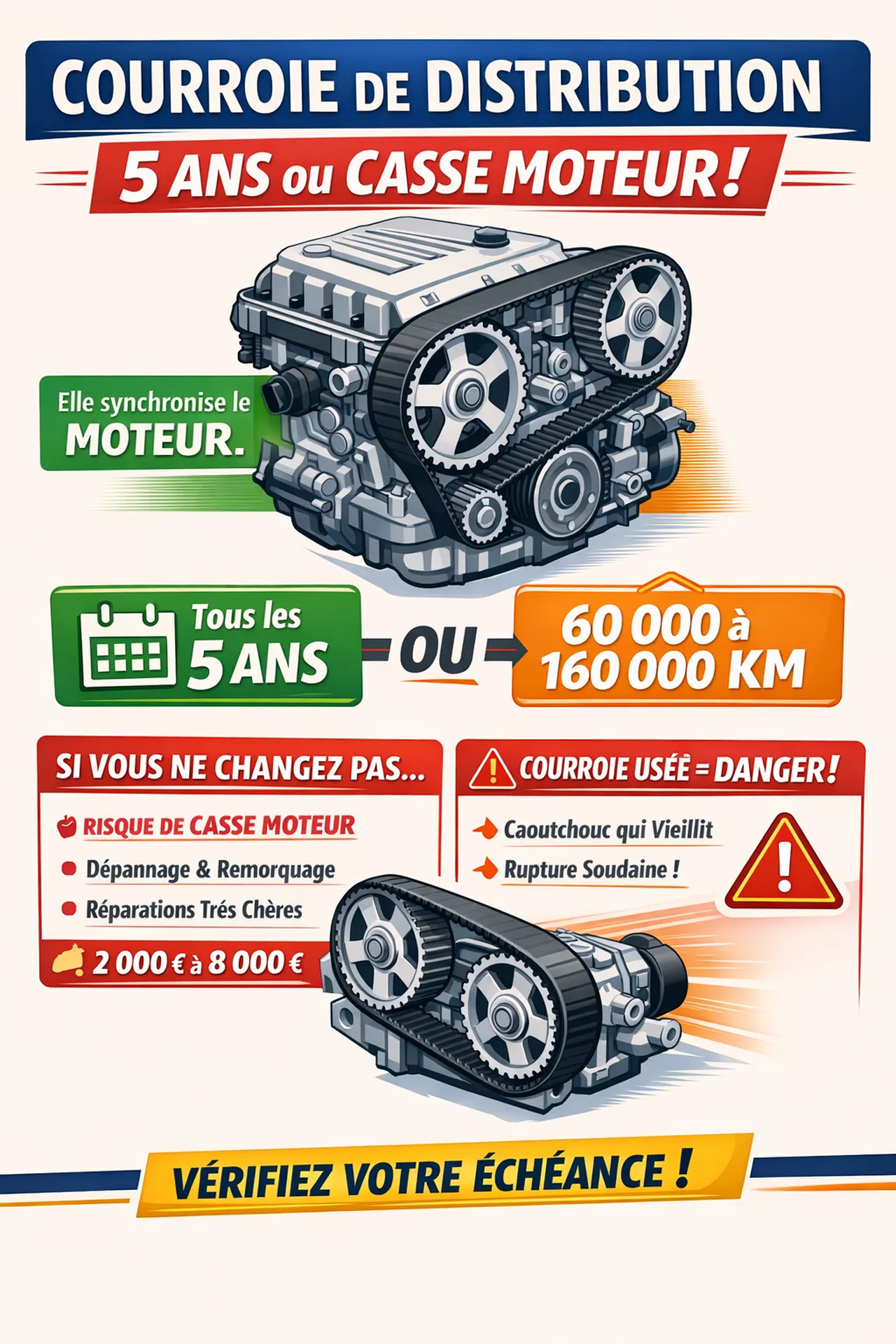 Courroie de distribution camping‑car : remplacez-la tous les 5 ans ou entre 60 000 et 160 000 km pour éviter la casse moteur. Une courroie usée peut provoquer une panne grave et des réparations très coûteuses. Vérifiez votre échéance avant chaque départ.