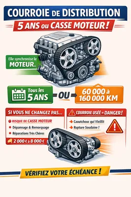 Courroie de distribution camping‑car : remplacez-la tous les 5 ans ou entre 60 000 et 160 000 km pour éviter la casse moteur. Une courroie usée peut provoquer une panne grave et des réparations très coûteuses. Vérifiez votre échéance avant chaque départ.