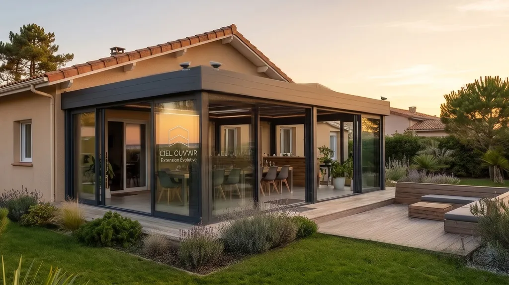 Fabrication d'une extension maison avec toiture ouvrante motorisée et capteurs de pluie pour une pièce de vie évolutive à Arcachon proche de Bordeaux