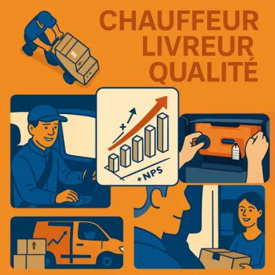 Illustration de la formation Chauffeur-Livreur Qualité de CNS Formation en PACA, montrant un livreur en action, la satisfaction client et la progression du NPS.