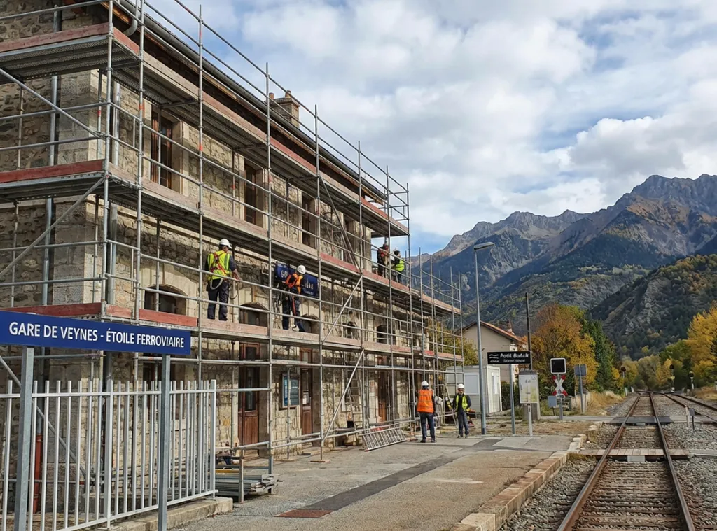 Chantier avec échafaudage normé sur dépôt ferroviaire historique et rotonde à Veynes carrefour de quatre lignes SNCF à 814 mètres d'altitude