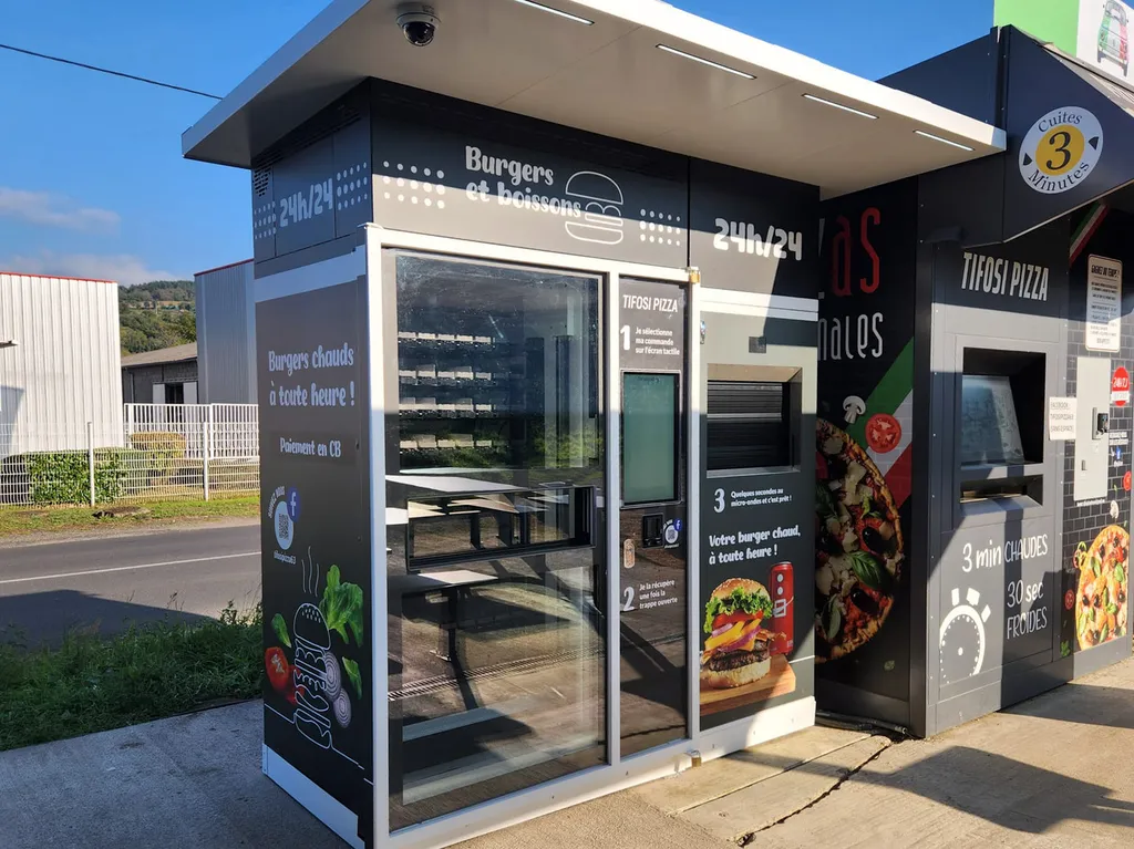 Vente de distributeur automatique de burgers chauds et boissons fraiches avec paiement par carte bancaire en France