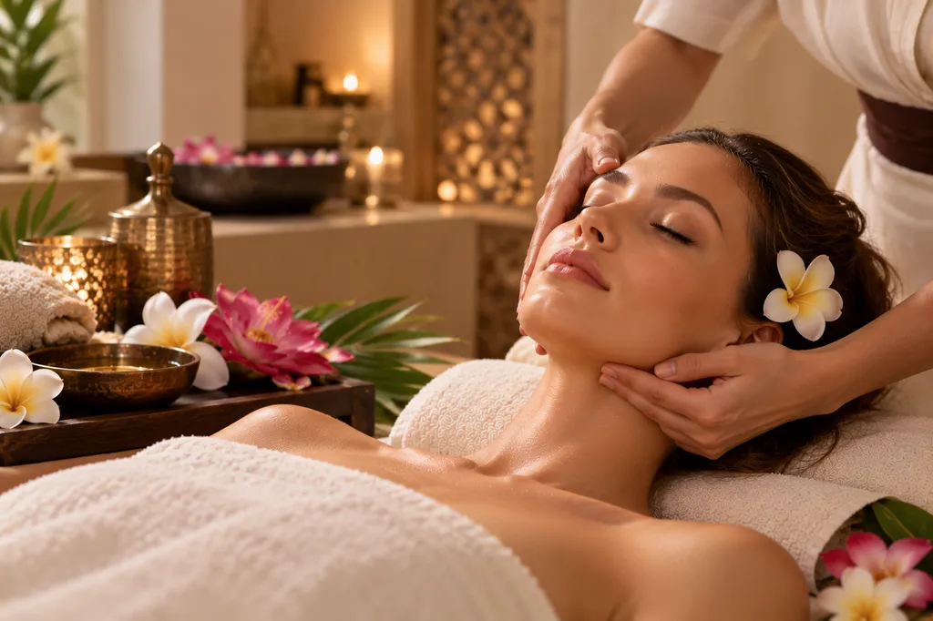 Femme recevant un massage du visage et de la nuque dans une ambiance balinaise raffinée, avec fleurs tropicales, pour illustrer le soin Aux 5 Fleurs de Bali.