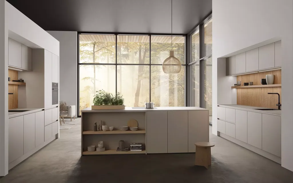 Cuisine symétrique beige et bois sans poignées sur Rouffiac Tolosane