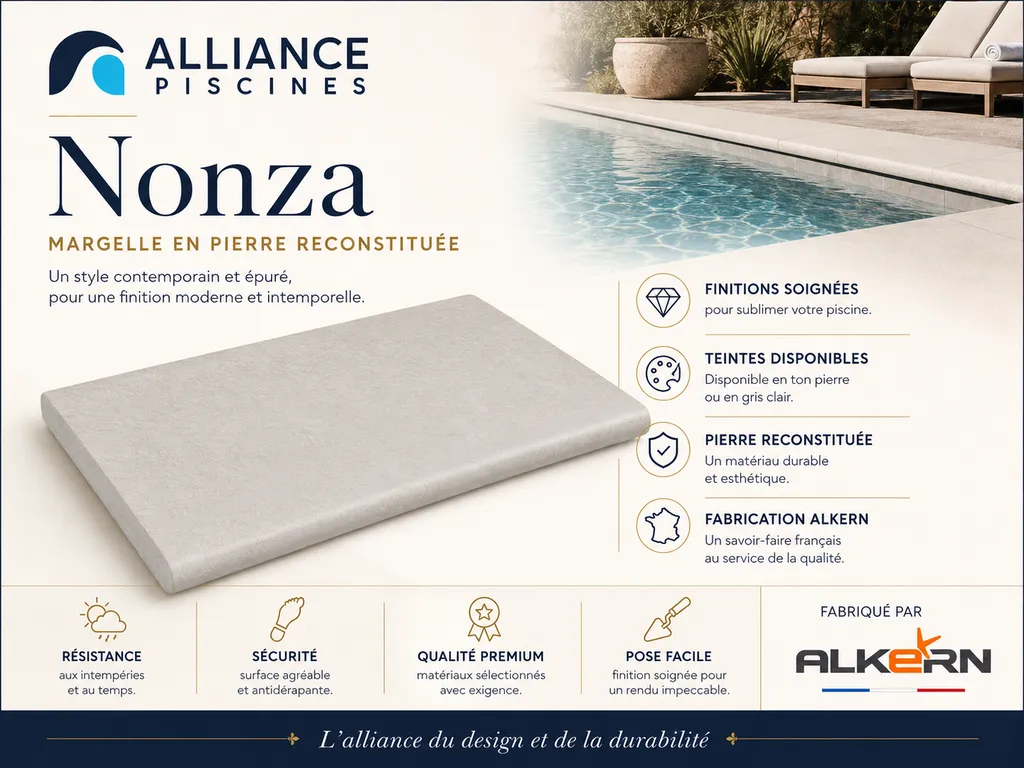 margelle en pierre reconstiuée garantie 2ans installée par votre piscinier sur nos coques alliance piscines
