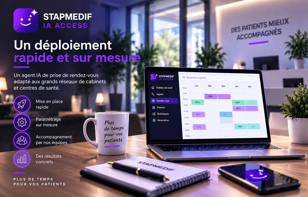 Secrétariat médical STAPMEDIF associant expertise humaine et intelligence artificielle pour optimiser la gestion des appels et rendez-vous patients.
