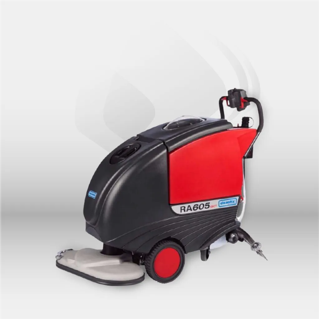 Autolaveuse autoportée Cleanfix RA 605 IBCT pour nettoyage professionnel des sols industriels et collectivités, équipée de deux brosses contrarotatives, d’une traction automatique et d’un système de dosage chimique CADS pour un lavage efficace et économiq