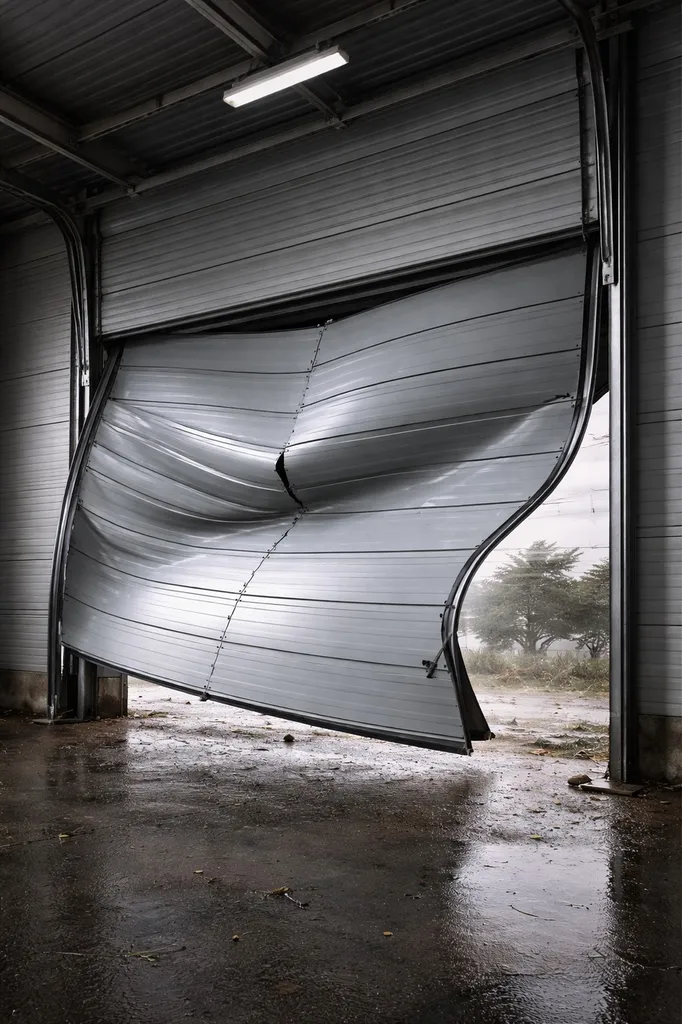 porte industrielle arrachée par le vent