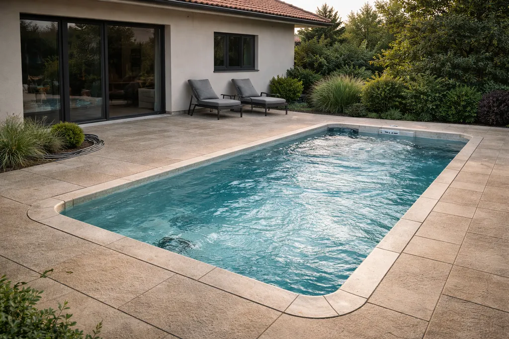 Installation d’un spa de nage en cours sur un projet extérieur sur mesure réalisé par des professionnels du bien-être