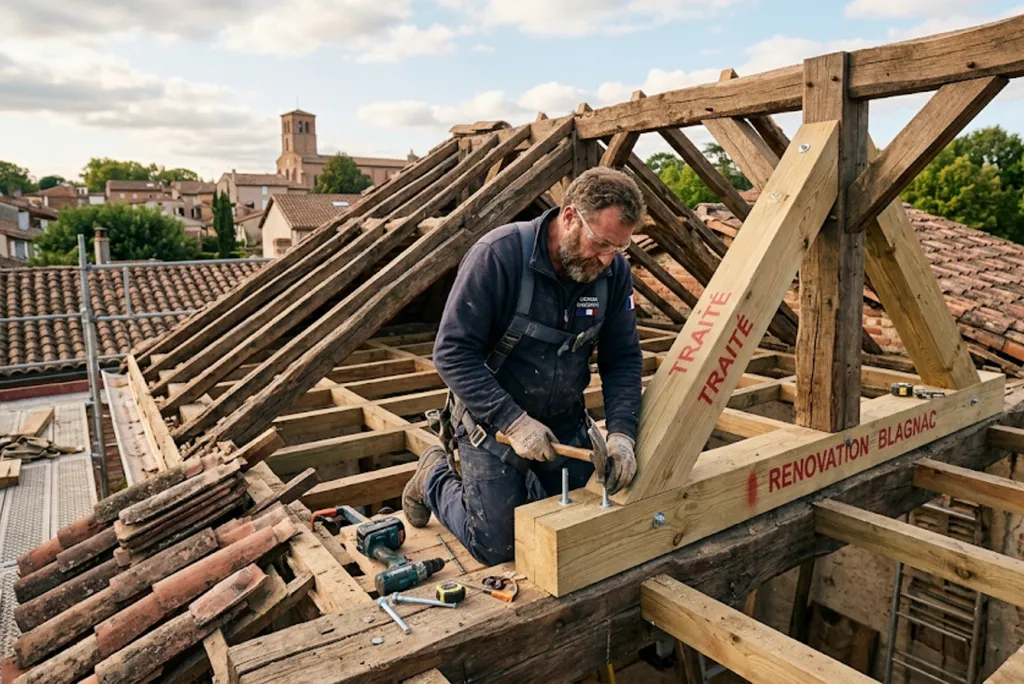 Artisan charpentier pour rénovation structurelle de charpente et traitement bois à Blagnac