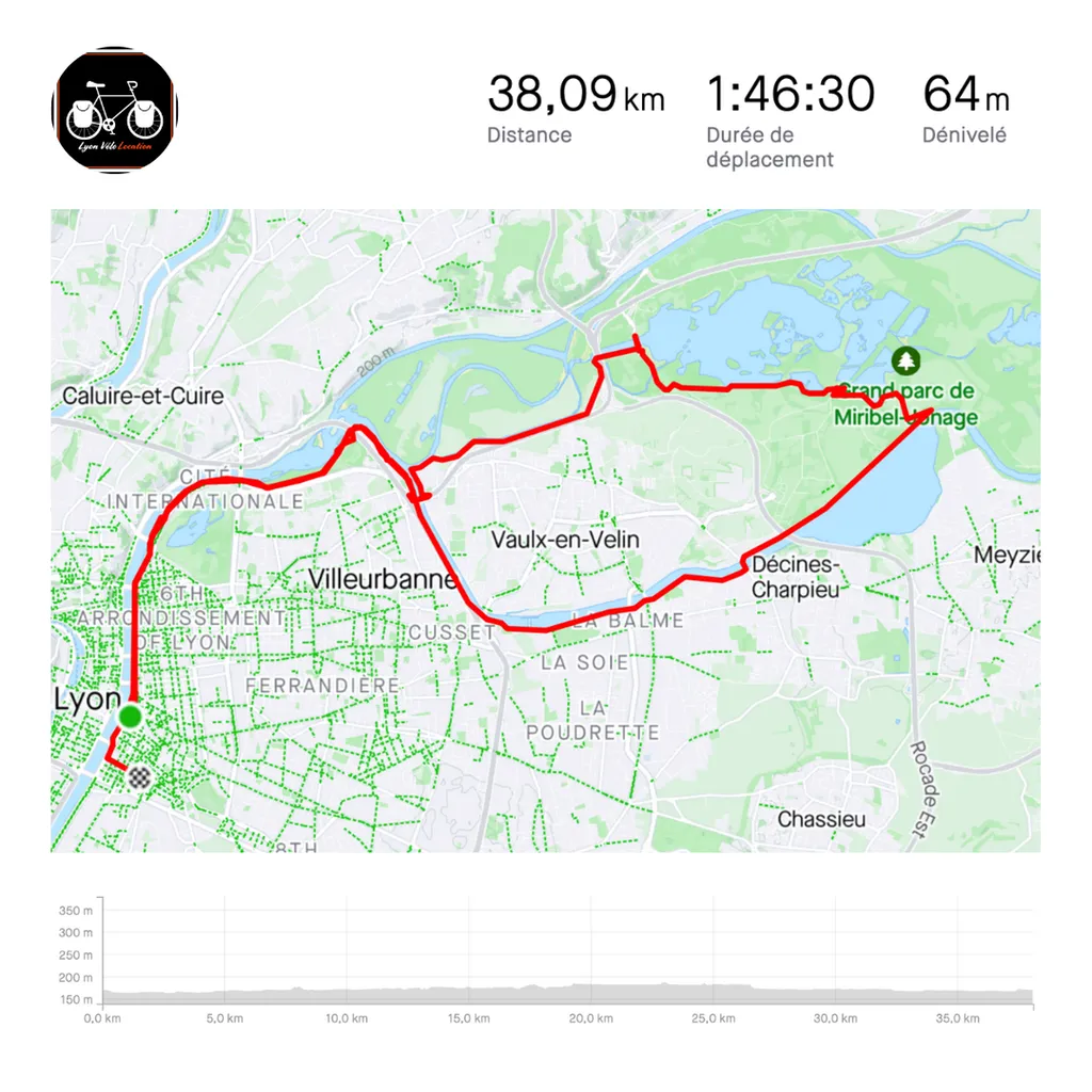Carte itinéraire à vélo de Lyon à Miribel Jonage