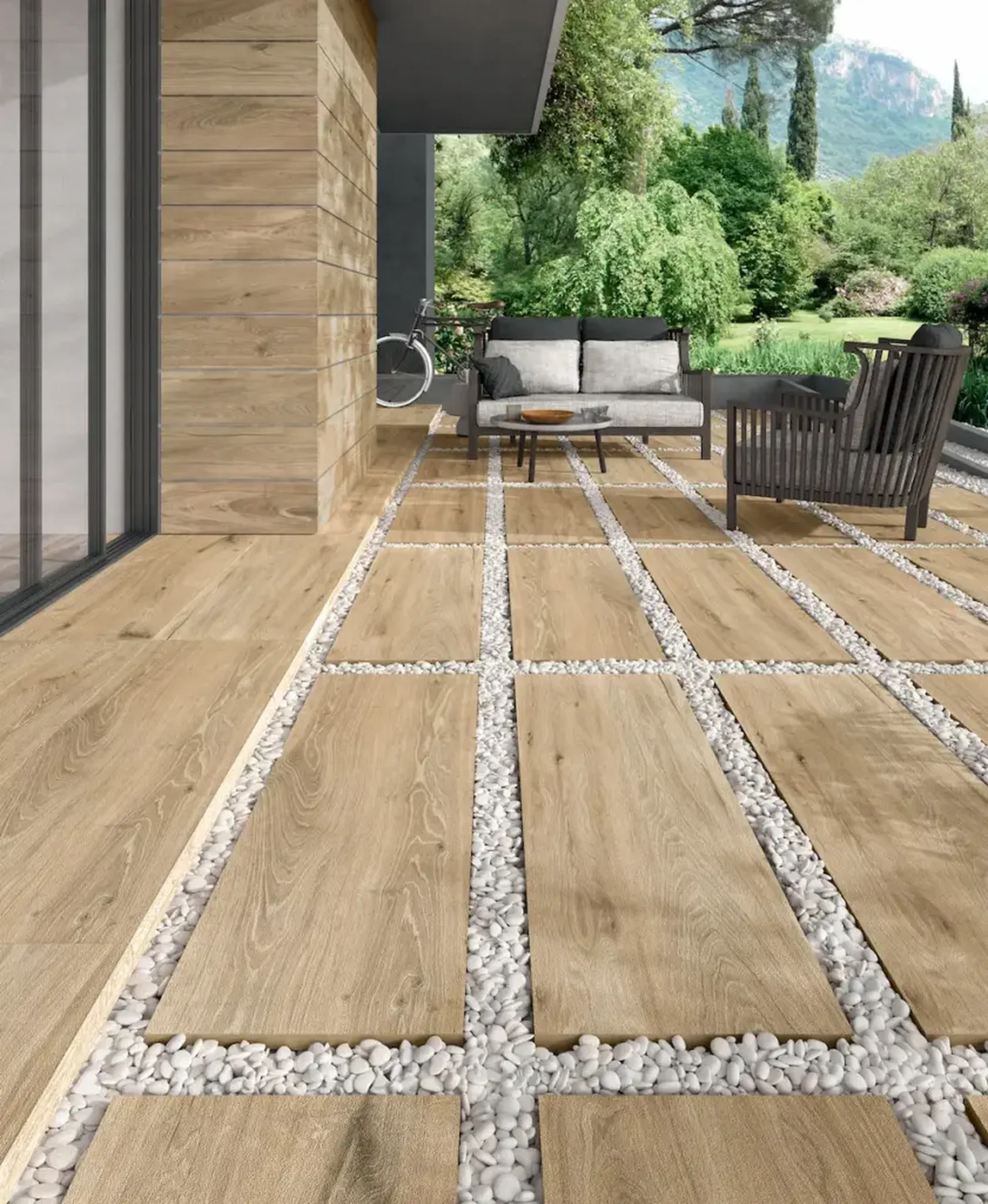 Terrasse extérieur avec carrelage 20mm aspect bois naturelle à Evreux