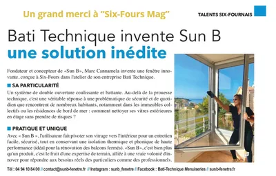 Article de Six-Fours Mag consacré à SUN B Fenêtre, innovation en menuiserie développée par Bati Technique Menuiseries