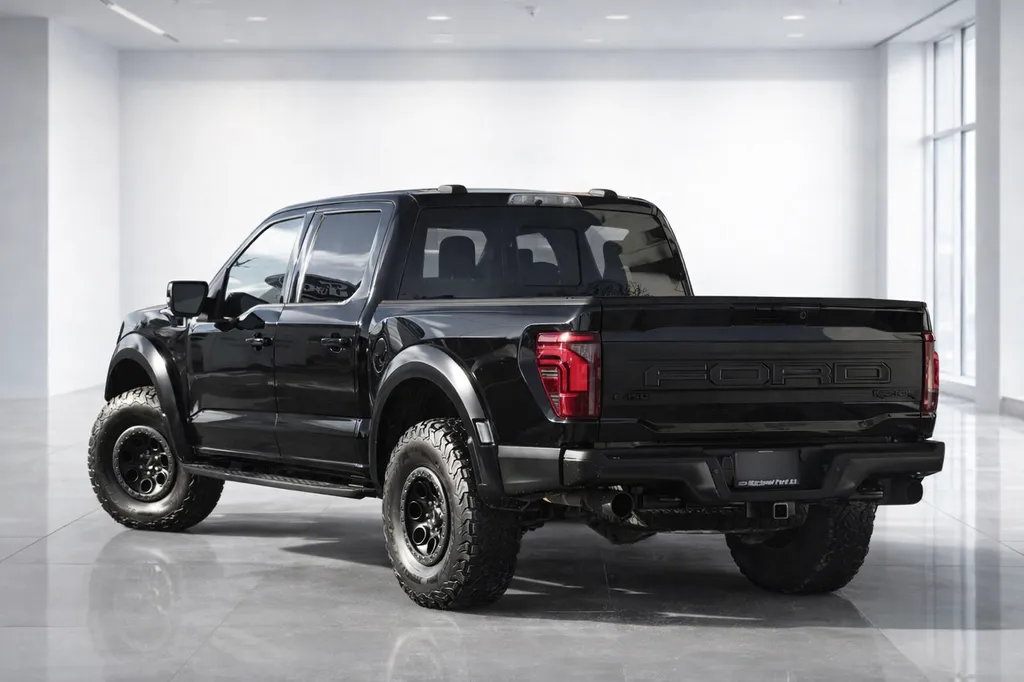 Ford F-150 Raptor noir – vue arrière 3/4 pickup Ford en showroom à Bordeaux