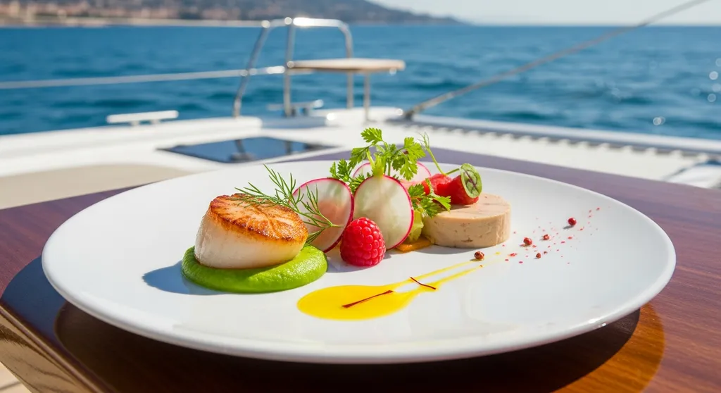 Menu gastronomique par chef étoilé Stéphane Avelin en pension complète à bord de catamaran à Nice 06000 dans les Alpes-Maritimes