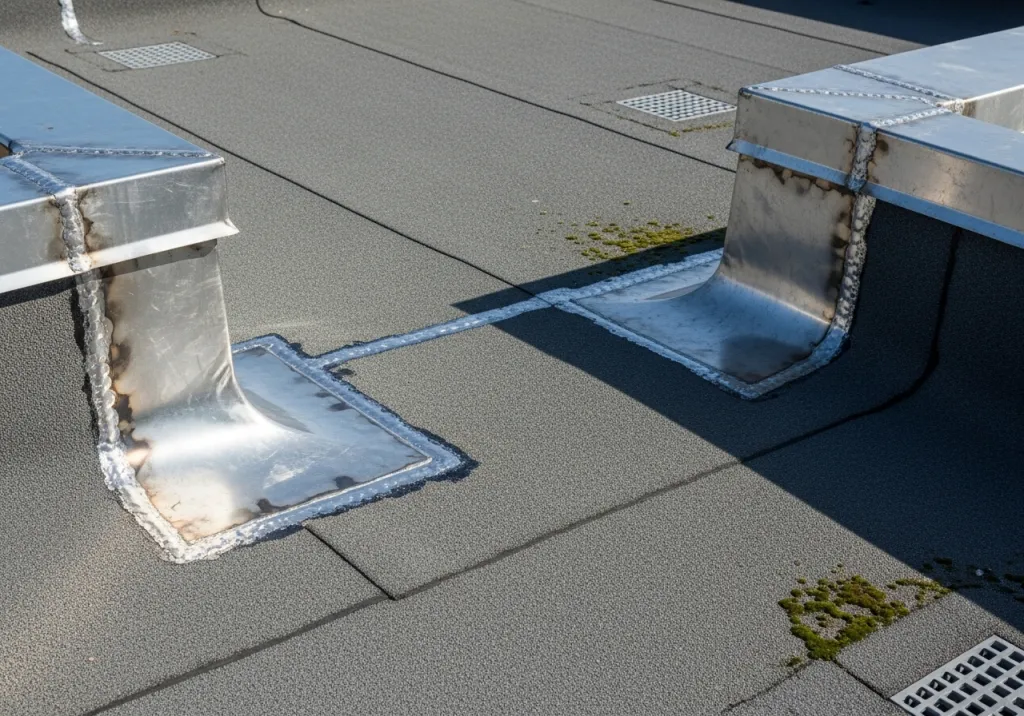 Travaux d’étanchéité de toiture plate avec membrane bitumeuse soudée et relevés en plomb