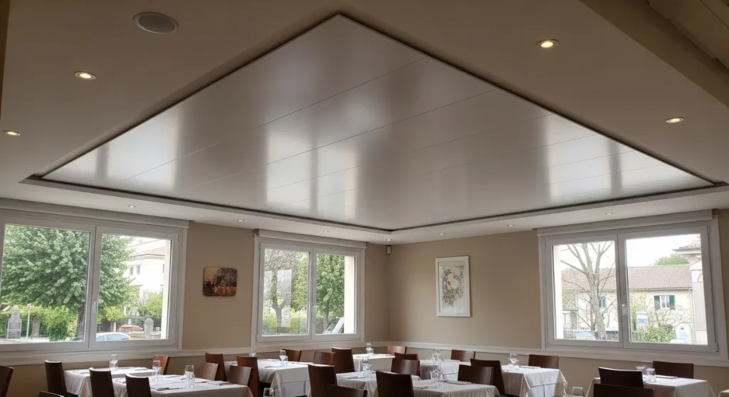 Supprimer le lambris bois d'un restaurant pour installer un plafond tendu PVC moderne à Perpignan