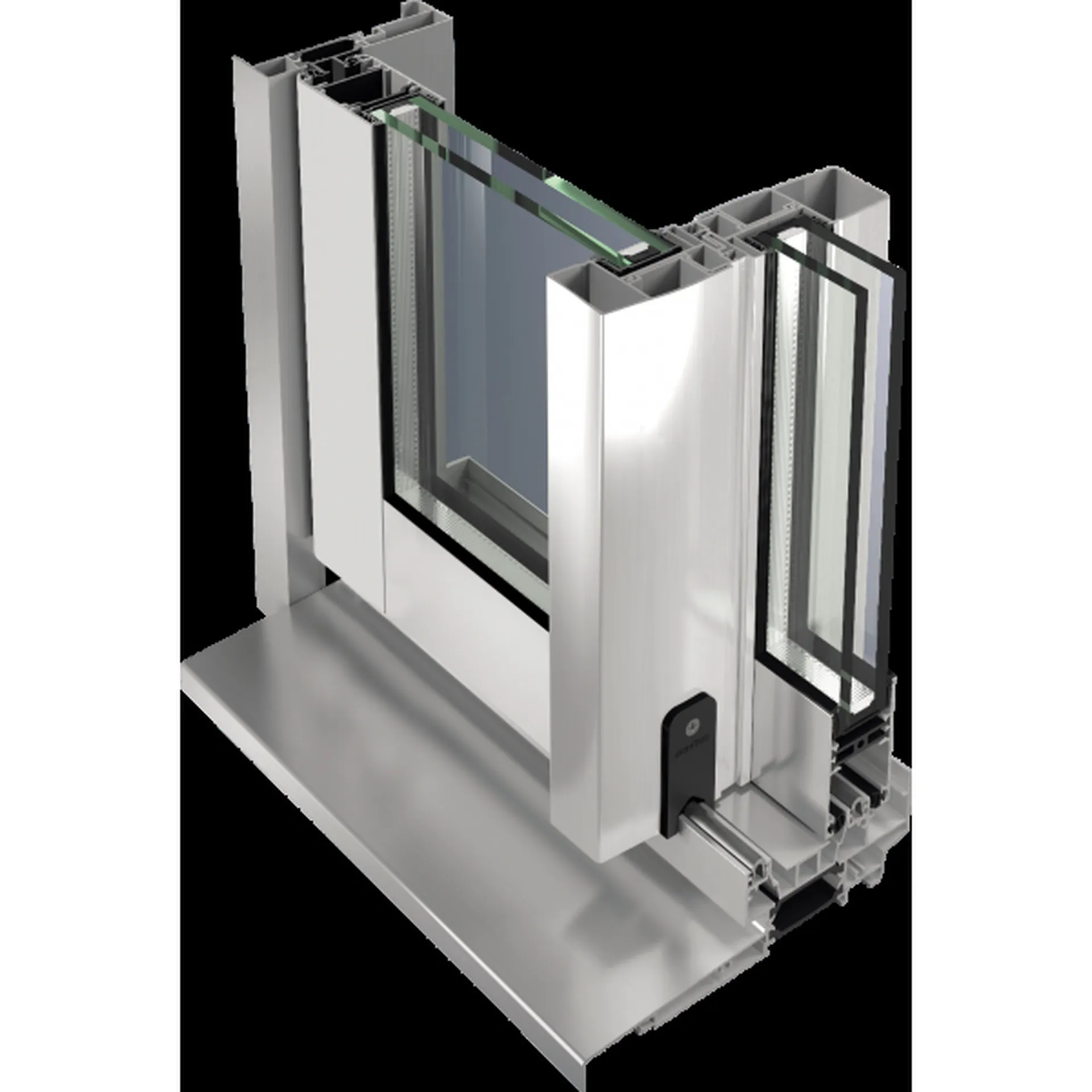 Baie coulissante à double vitrage et rupture de pont thermique de forme cubique