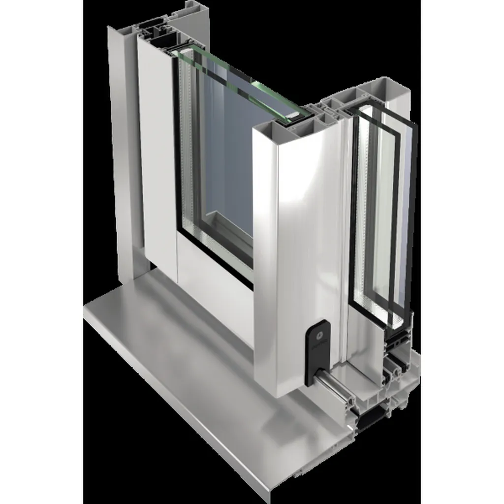 Baie coulissante à double vitrage et rupture de pont thermique de forme cubique