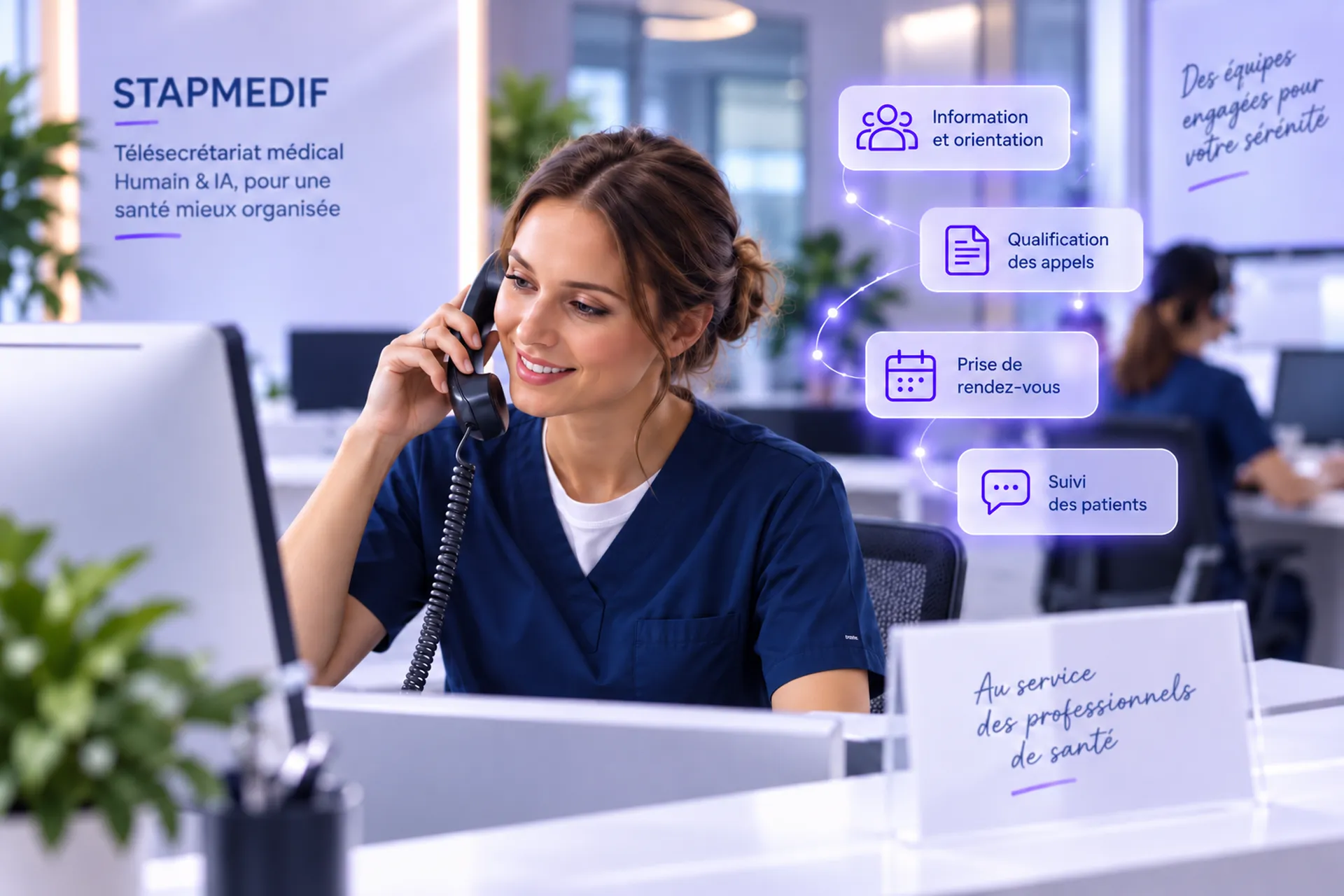 Secrétariat médical externalisé STAPMEDIF : gestion des appels, prise de rendez-vous, information des patients et suivi personnalisé.