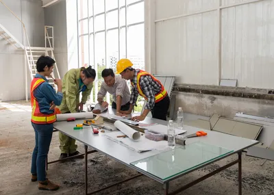 Coaching de dirigeants du BTP à Rungis – chef d’entreprise et chefs de chantier en réunion de coordination sur un projet de construction