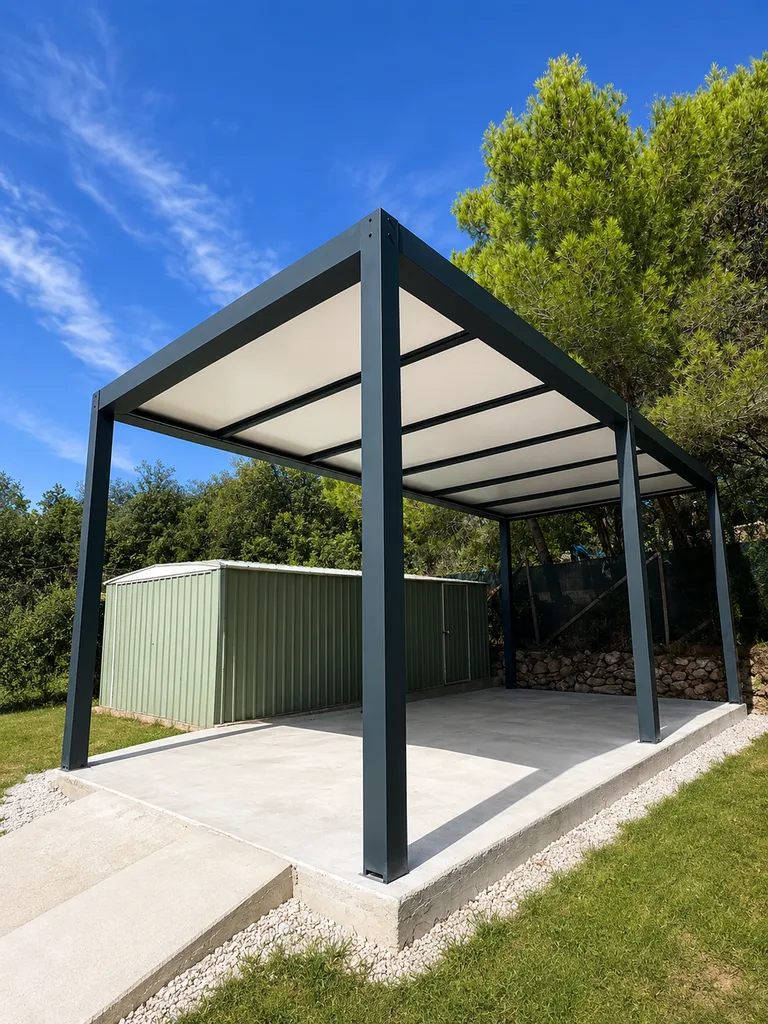 Vue d’ensemble du carport aluminium sur mesure gris anthracite RAL 7016 installé à Poussan.