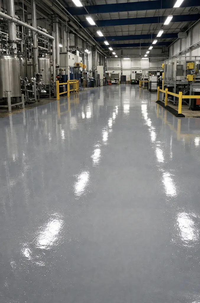 créer une photo sans personne et sans texte de ce titre : Pose de résine technique haute durabilité pour sol industriel dans une usine située à Talence proche de Villenave-d’Ornon