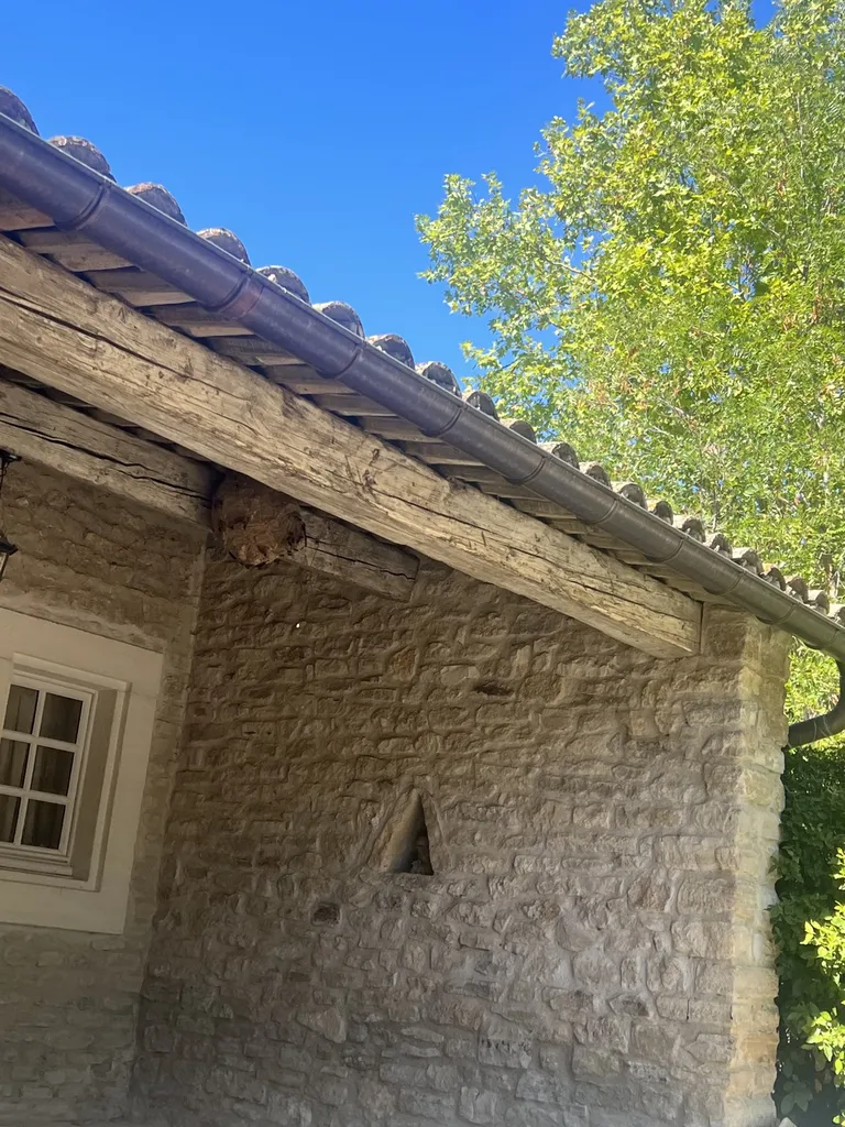 Gros nid de frelons asiatiques sous un haut vent de maison à Gordes dans le Vaucluse (84)