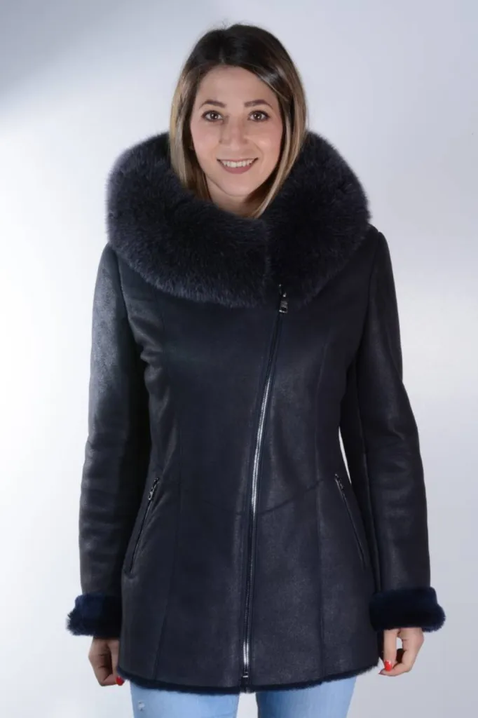 veste agneau lainé capuche fourrure noire femme