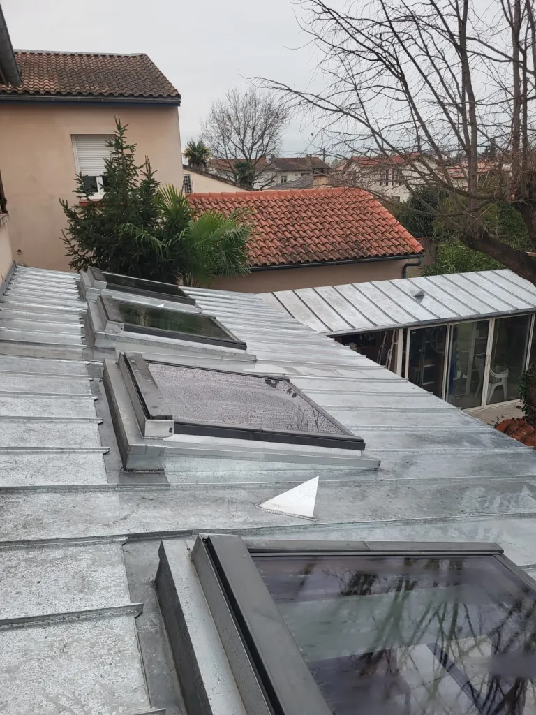 Réfection d'une toiture en zinc naturel à Albi 81000 avec l'implantation de fenêtres de toit Velux sur costières
