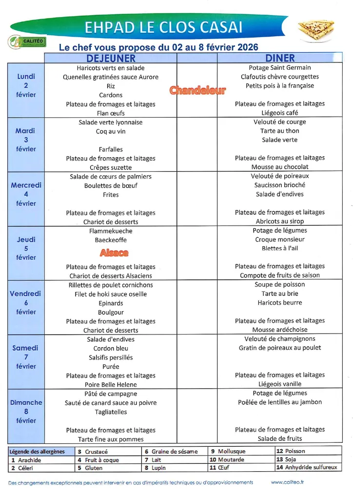 Menu du lundi 02 février au dimanche 08 février 2026