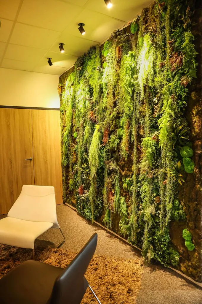 Accueil de bureau avec un mur végétal synthétique