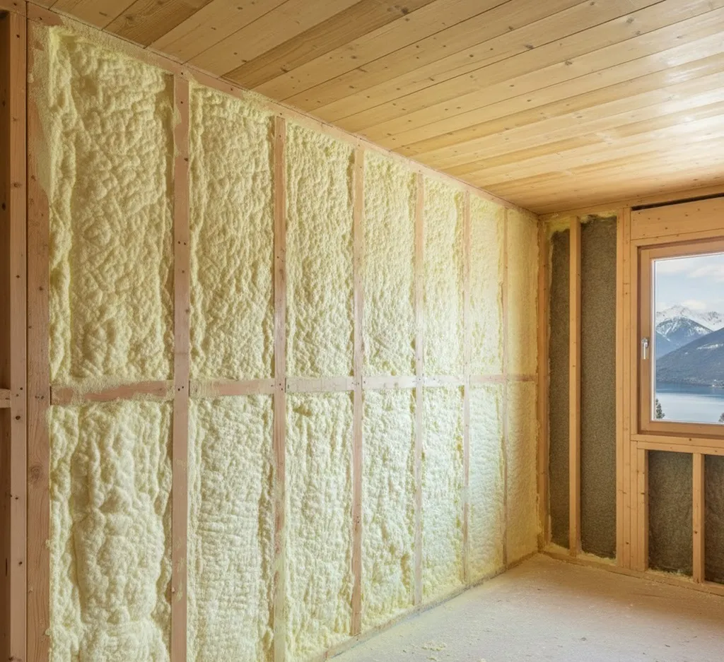 Isolation thermique murs intérieurs chalet montagne par mousse polyuréthane cellules ouvertes à Aix-les-Bains en Savoie