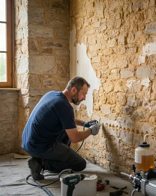 Technicien injectant une résine hydrofuge dans les murs pour bloquer les remontées capillaires à Libourne (33500).