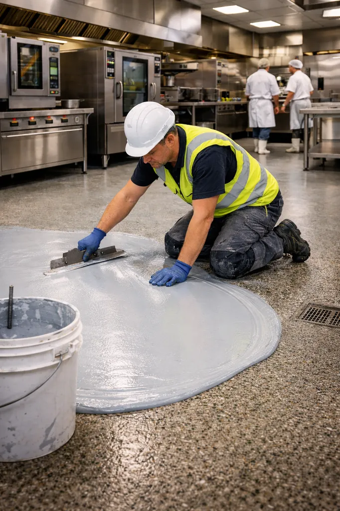 Pose de sols en résine technique pour cuisines industrielles assurée par une entreprise de qualité à Mérignac 33700