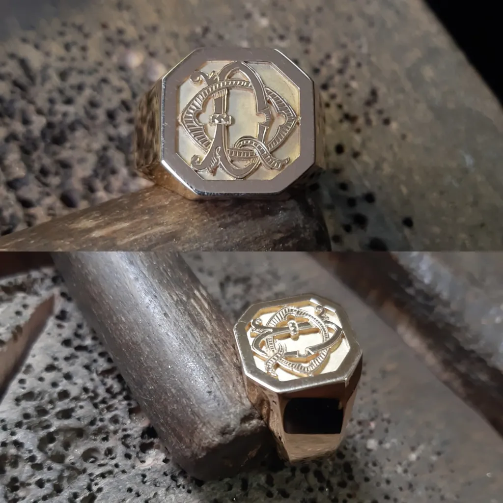 Chevalière or jaune hexagonale sur mesure pour homme Bordeaux