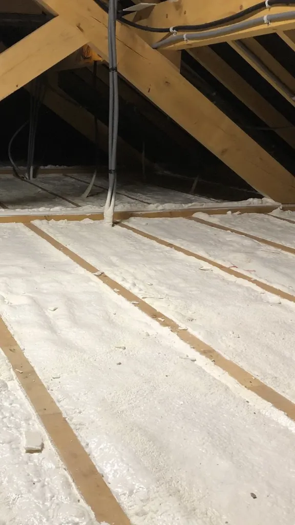 Isolation d'un plancher de combles perdus par mousse polyuréthane projetée à cellules ouvertes