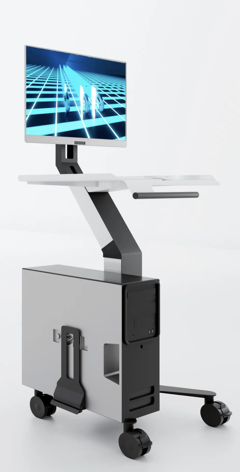 Meditec Dental Chariot mobile conçu pour accueillir un PC portable et une caméra d’empreinte dentaire, équipé d’une alimentation intégrée et d’un design ergonomique pensé spécialement pour les besoins des cabinets dentaires.
