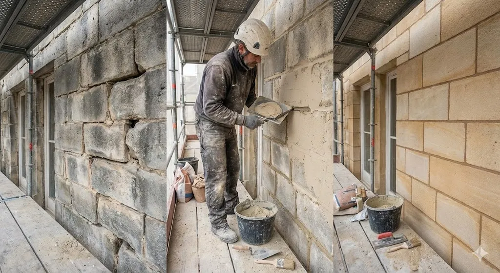 Nettoyage façade ancienne avec restauration des joints