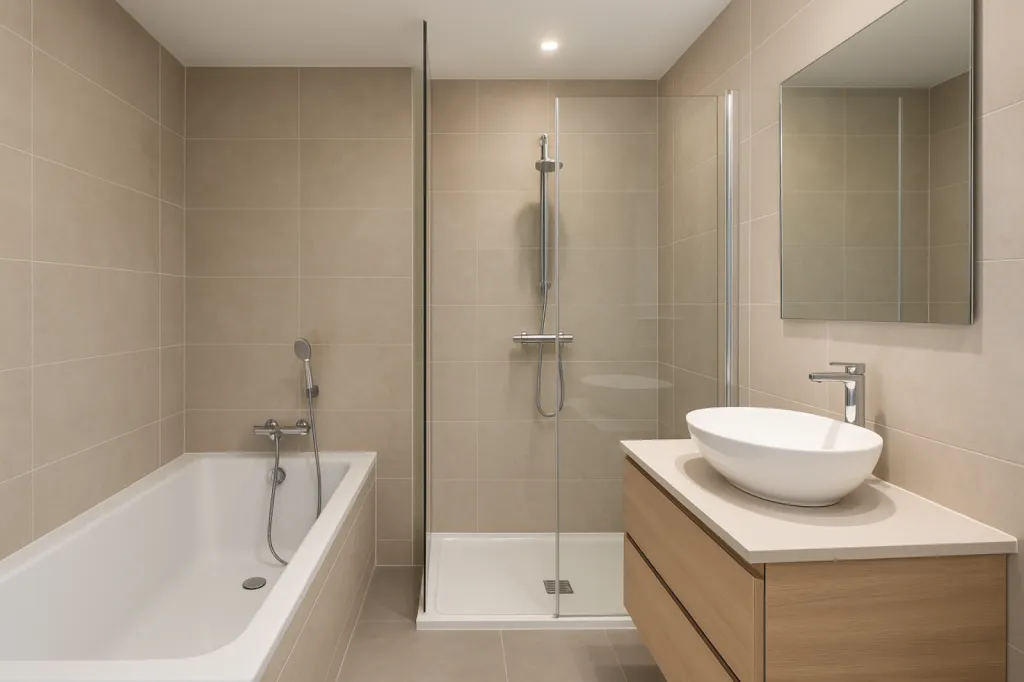 Entreprise pour salle de bains clé en main Le Havre : Tuyauterie, carrelage, faïence, vasque, receveur, douche, baignoire