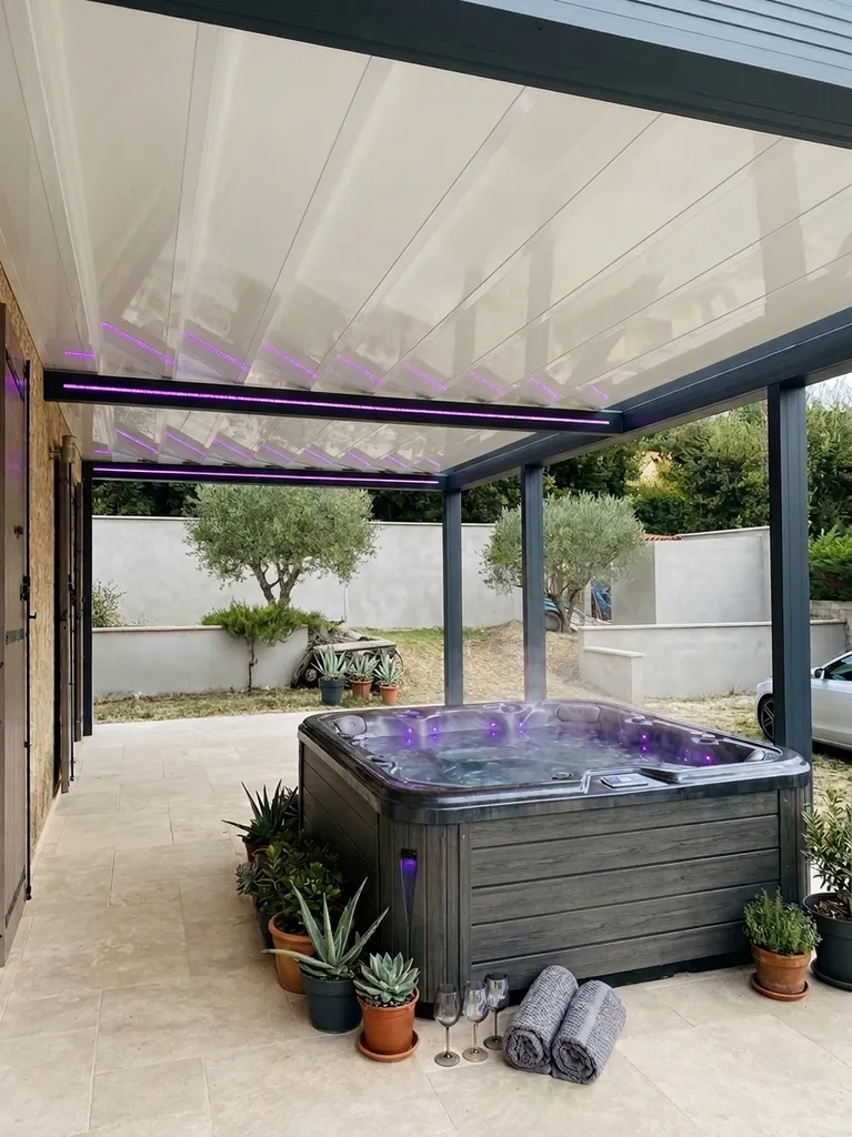 Pergola rétractable isolée pour abri spa jacuzzi à Saint-Tropez
