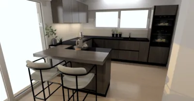 Cuisine sur mesure au centre d'Arcachon: placage chêne sans poignées, avec un îlot central et plan de travail en pierre reconstituée