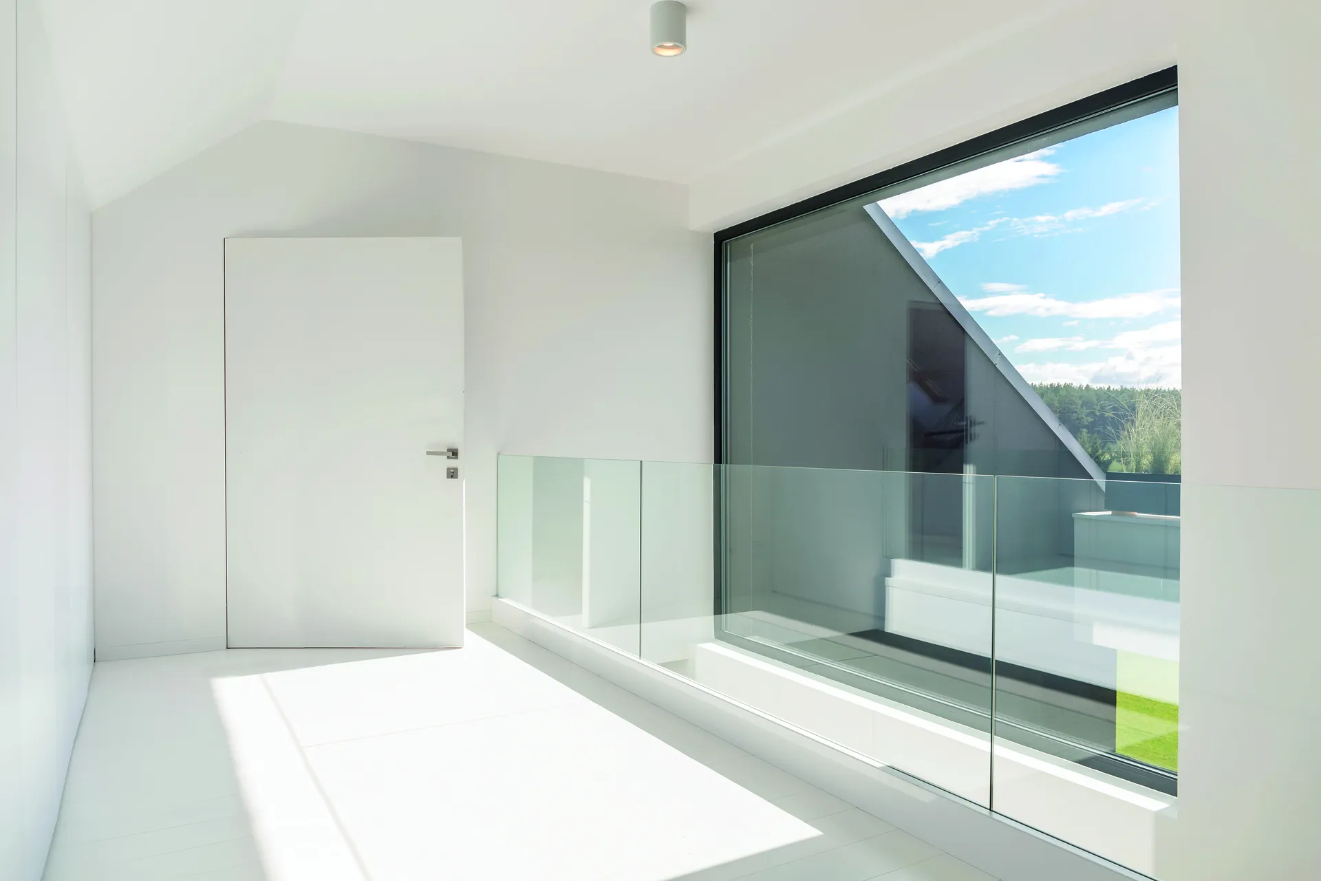 Porte d'entrée pivotante en bois et aluminium sans cadre et garde-corps verre