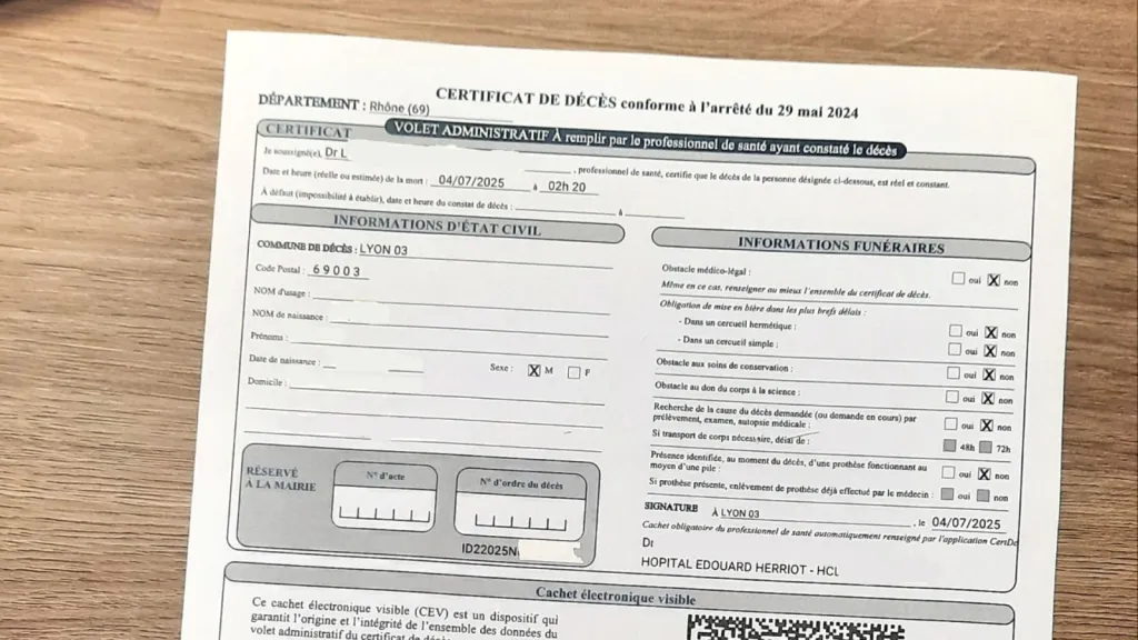 Pompes funèbres Pinault Miribel certificat médical de décès établi par le médecin 